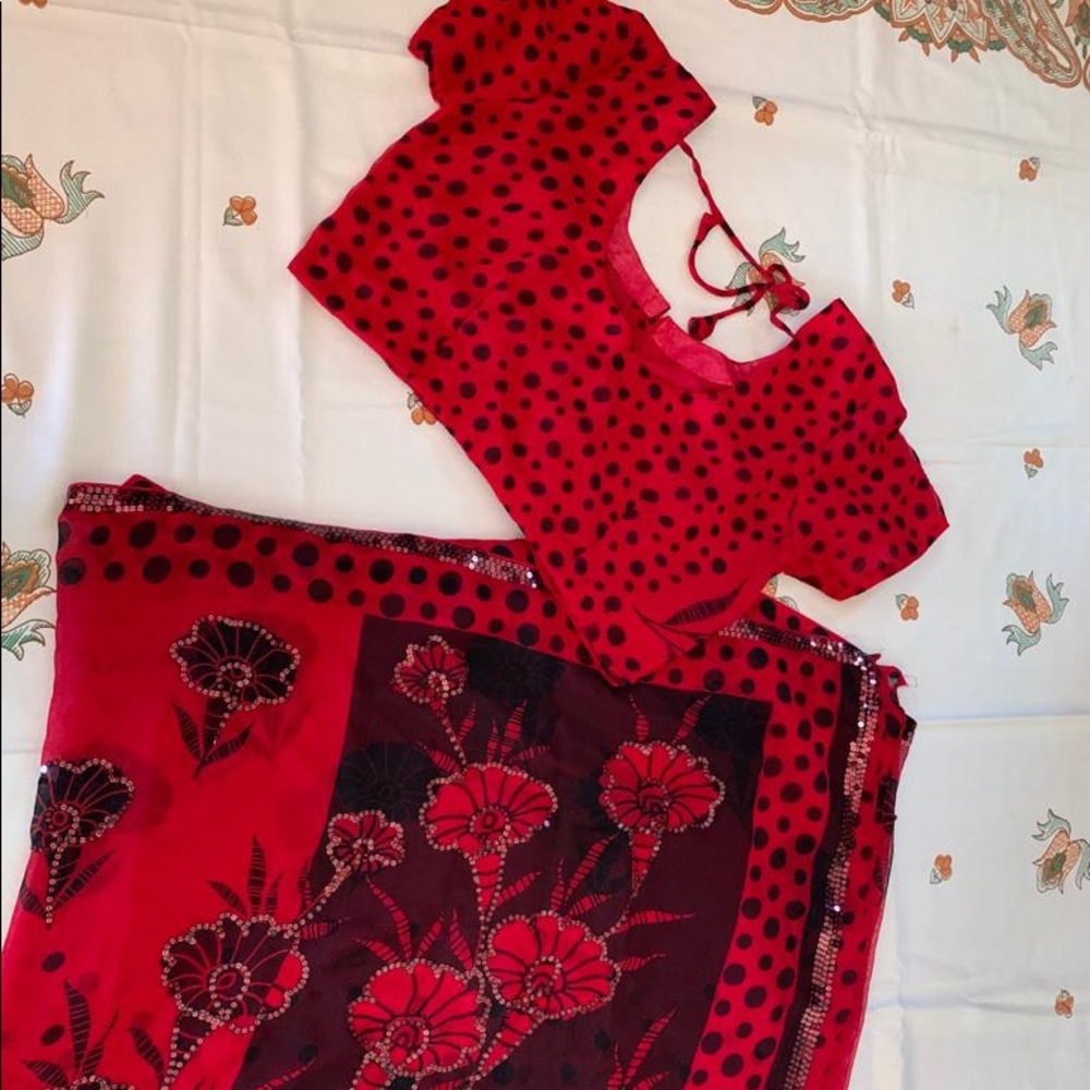 Red and Black Polka Dot Sari - 70s Bollywood Style
